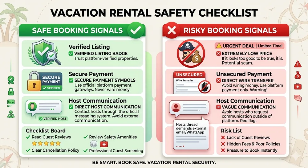Vacation Rental Guide safety checklist showing scam prevention tips and secure booking practices
