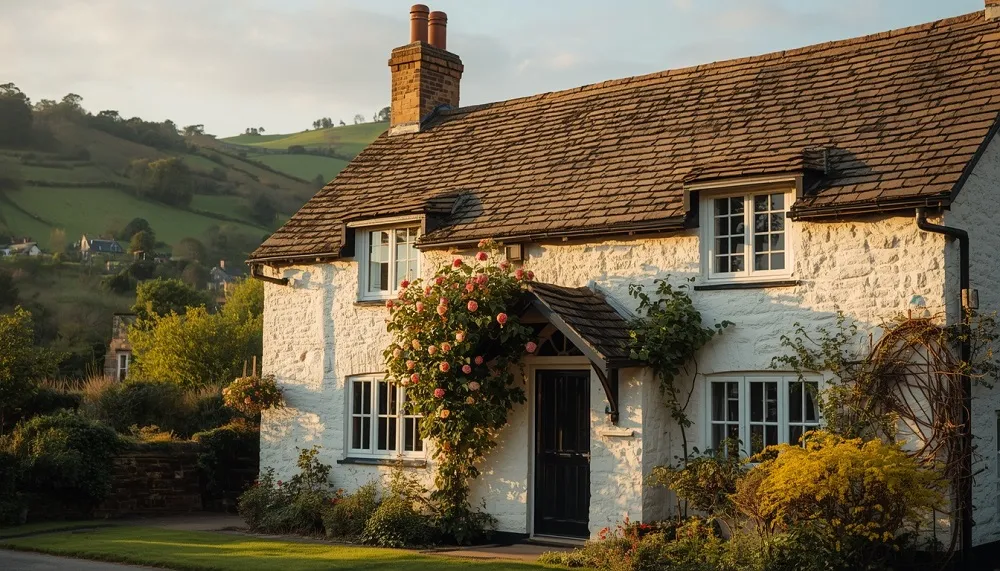 Self catering accommodation cottage in the English countryside at golden hour