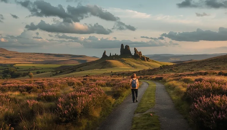 Couple walking across Dartmoor National Park near Rock House Cottage.