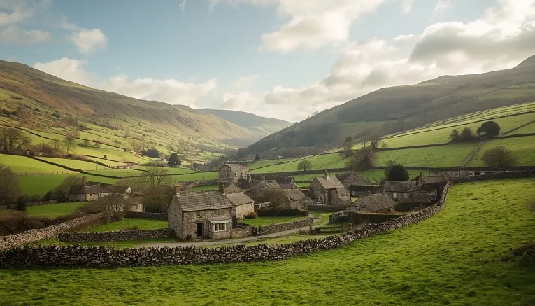 Scenic Yorkshire Dales village surrounded by rolling countryside
